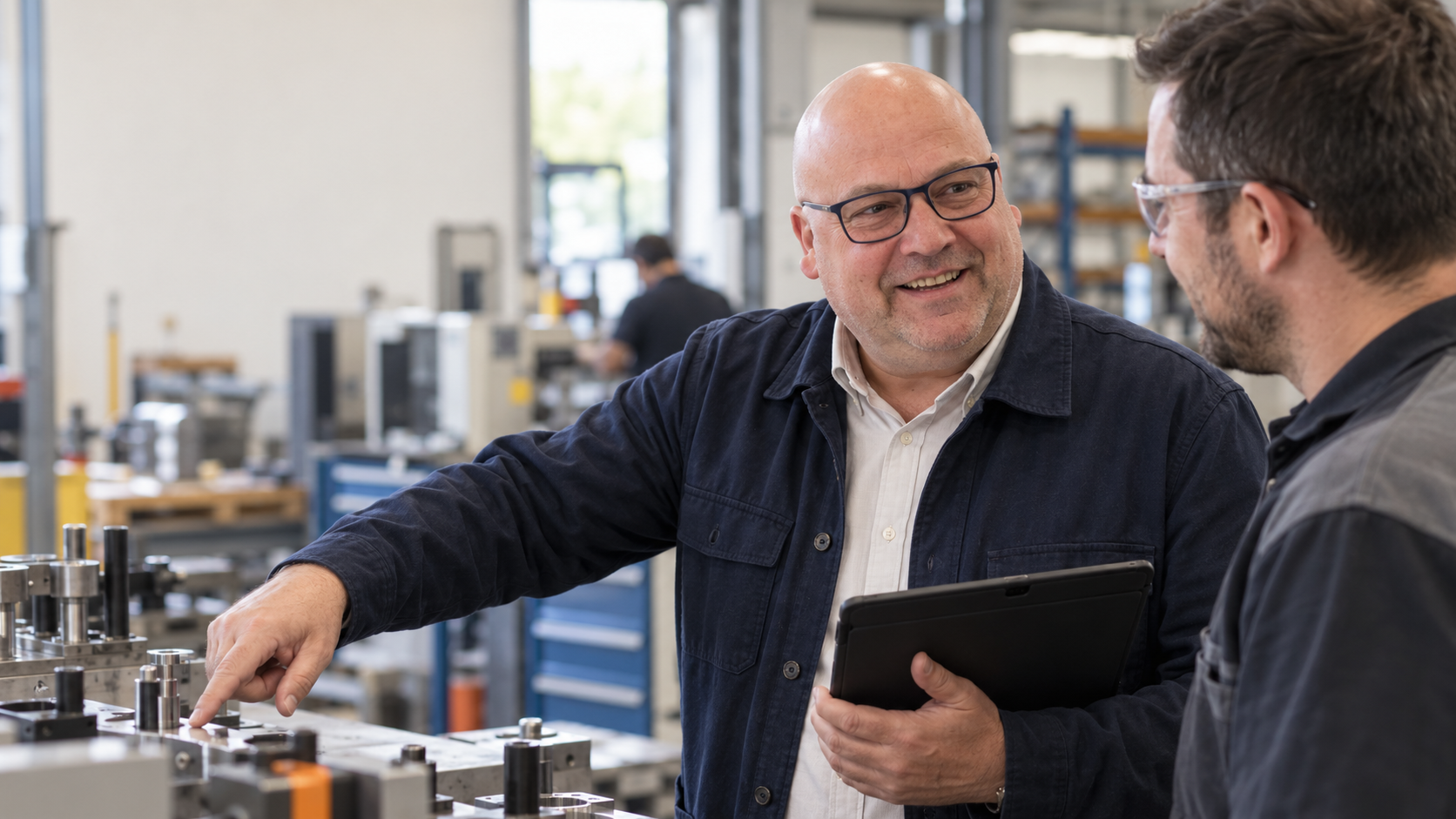 Jean-François Talbot échange avec un membre d’une équipe dans un atelier industriel.